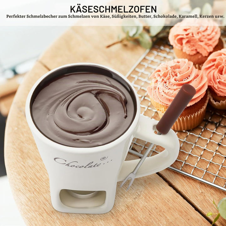 Schokofondue Tasse Keramik Schokoladenfondue mit Gabeln,200ml Keramik Schokoladenfondueset,Becher zu