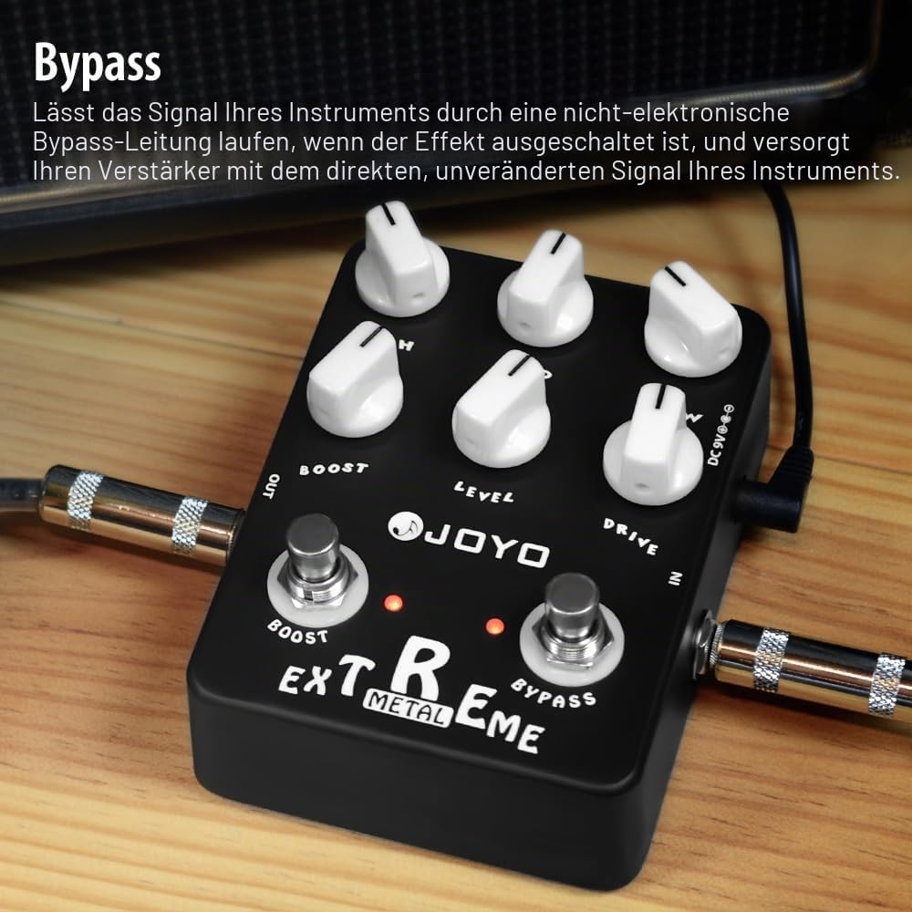JOYO Metal Distortion Pedal mit 3-Band-EQ und Low-Mid-High Gain Boost für E-Gitarren-Effekt – Bypass