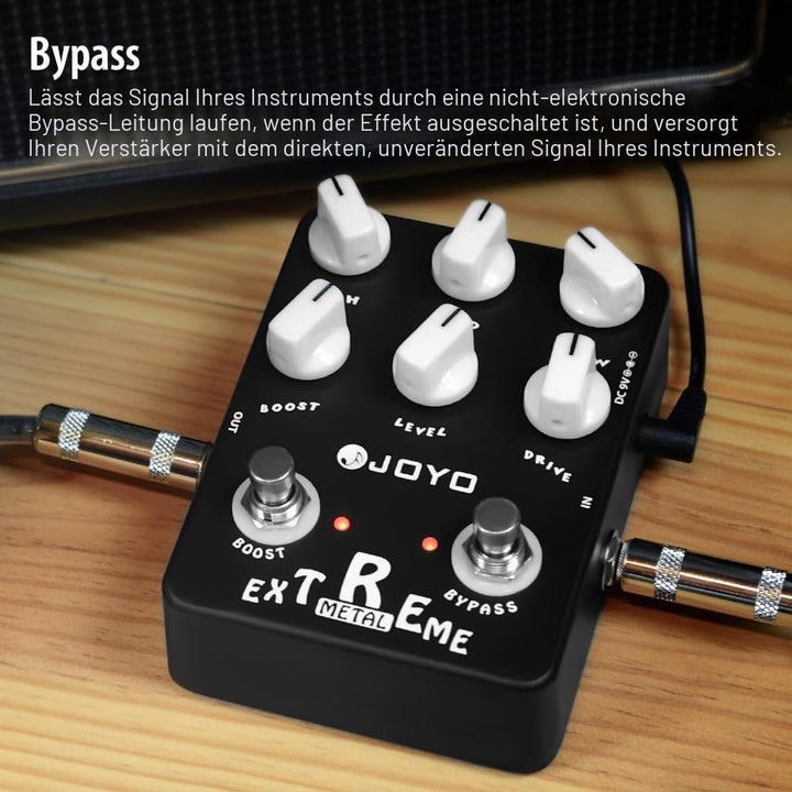 JOYO Metal Distortion Pedal mit 3-Band-EQ und Low-Mid-High Gain Boost für E-Gitarren-Effekt – Bypass