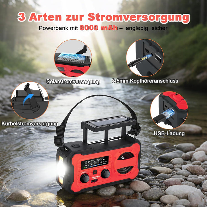 Kurbelradio, Tragbares Solarradio mit AM/FM, 8000mAh Powerbank, Notfallradio mit SOS-Alarm, LED-Tasc
