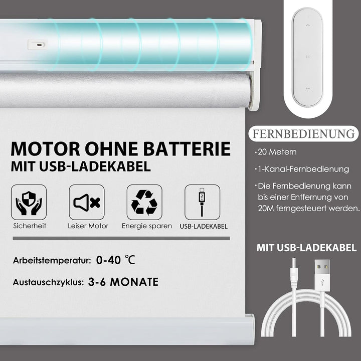 HOMEDEMO Elektrische Rollos Wiederaufladbare Verdunklungsrollo mit Motor &amp; Fernbedienung, Weiss 50x1