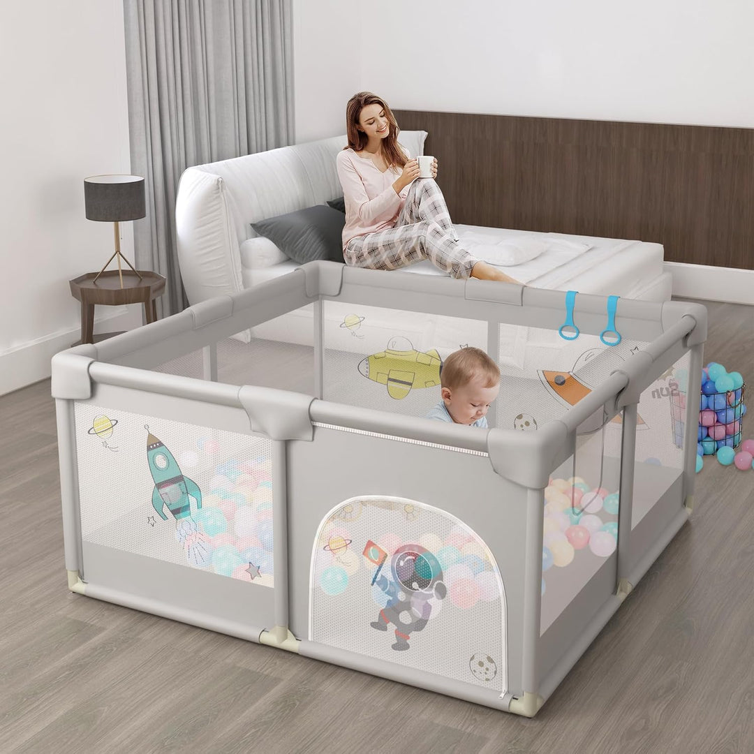 Laufstall 127x127cm Mit 50 Spielbällen, Krabbelgitter Und 4 Zugringen - Tragbarer Baby Playpen, Grau