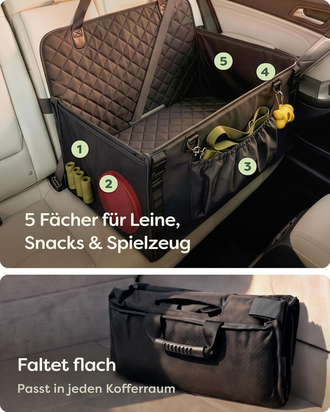 Knupis Extra Stabiler Hunde Autositz für Grosse Hunde - Wasserabweisend & Kratzfest mit 5 Taschen –