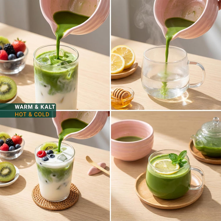 Matchaya Matcha Set 7-teilig Rosa – Keramik Chawan 460ml, Bambus Chasen & Halter, Chashaku, Ablage,
