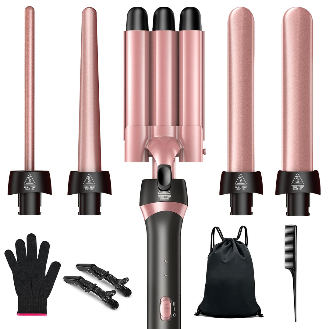 5 in 1 Lockenstab Set mit 3-Barrel Crimper, Austauschbare Keramikaufsätze Schnelles Aufheizen Dual-S
