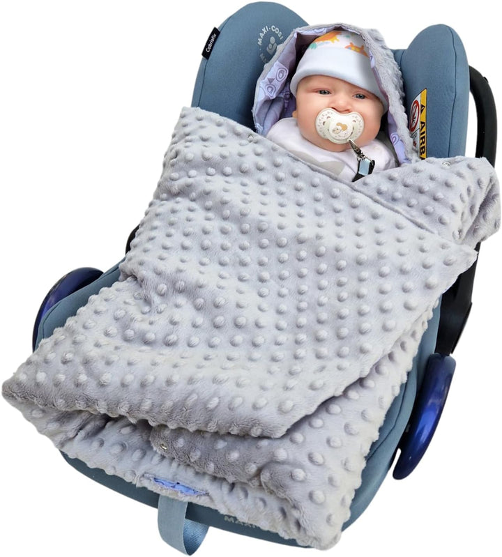 Baby Einschlagdecke Doppelseitig 86x86 cm Minky-Plüsch für Kinderwagen und Babybett (Grau Minky-Eule