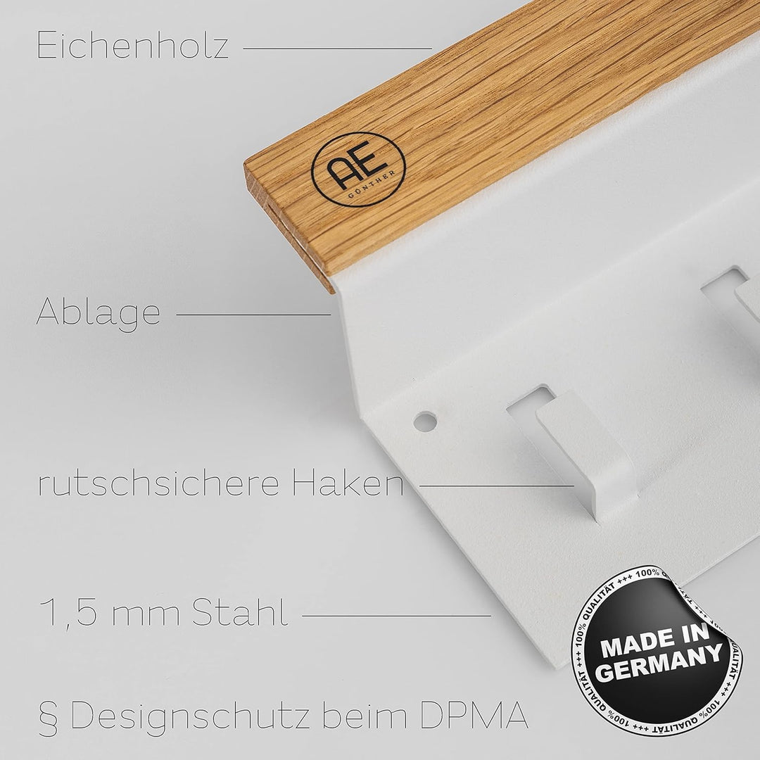 AE Günther® Schlüsselbrett Holz - Schlüsselhalter Weiss Stahl - Schlüsselboard Eiche - Schlüssel org