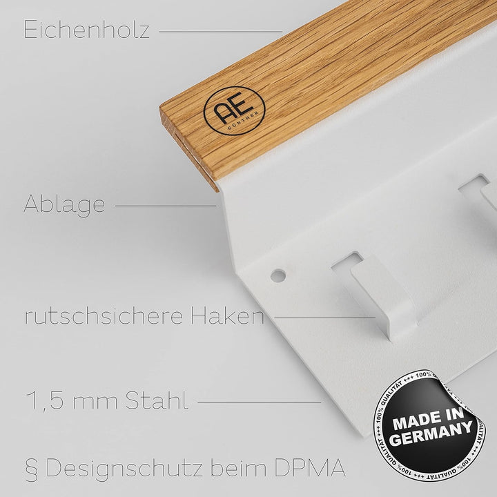 AE Günther® Schlüsselbrett Holz - Schlüsselhalter Weiss Stahl - Schlüsselboard Eiche - Schlüssel org