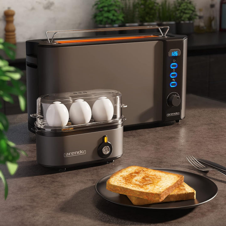 Arendo - SET Toaster FRUKOST und Eierkocher THREECOOK Edelstahl Cool Grey – Toaster 2 Scheiben, LED-
