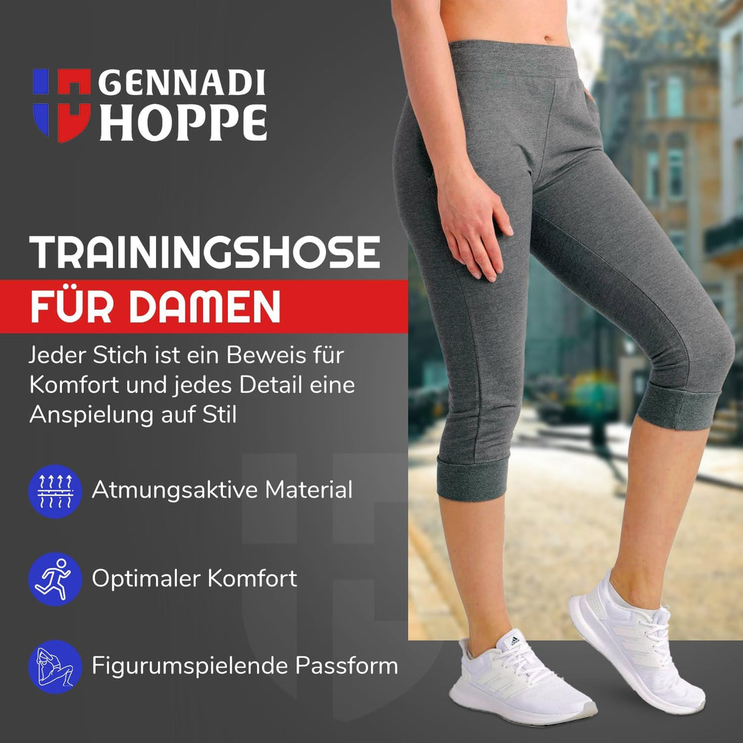 Gennadi Hoppe Damen 3/4 Trainingshose Sporthose kurz Hose Sport &amp; Fitness Shorts S Dunkel Grau, S Du