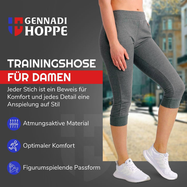 Gennadi Hoppe Damen 3/4 Trainingshose Sporthose kurz Hose Sport &amp; Fitness Shorts S Dunkel Grau, S Du