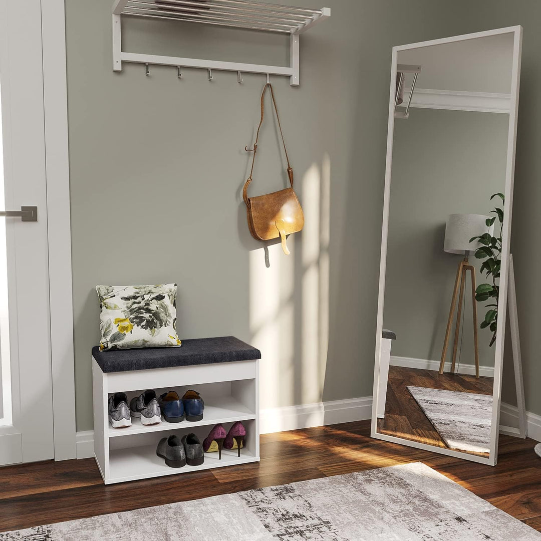 KOMTO Schuhbank mit Sitzfläche - Schuhregal Bank mit Stauraum Weiss 60 x 48 x 32 cm Kleiner Schuhsch