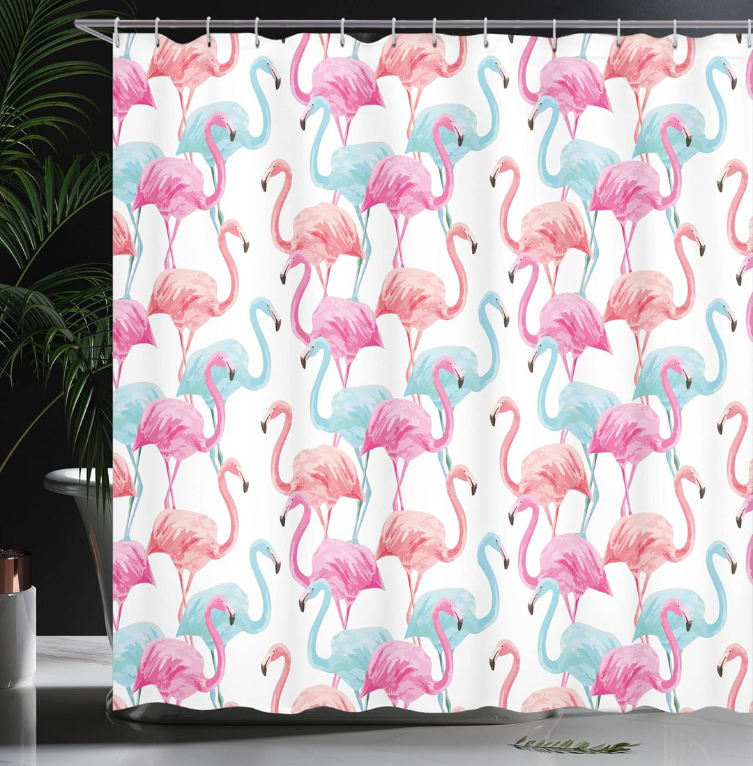 ABAKUHAUS Aquarell Duschvorhang, Hawaii Flamingos, Stoffliches Gewebe Badezimmerdekorationsset mit H