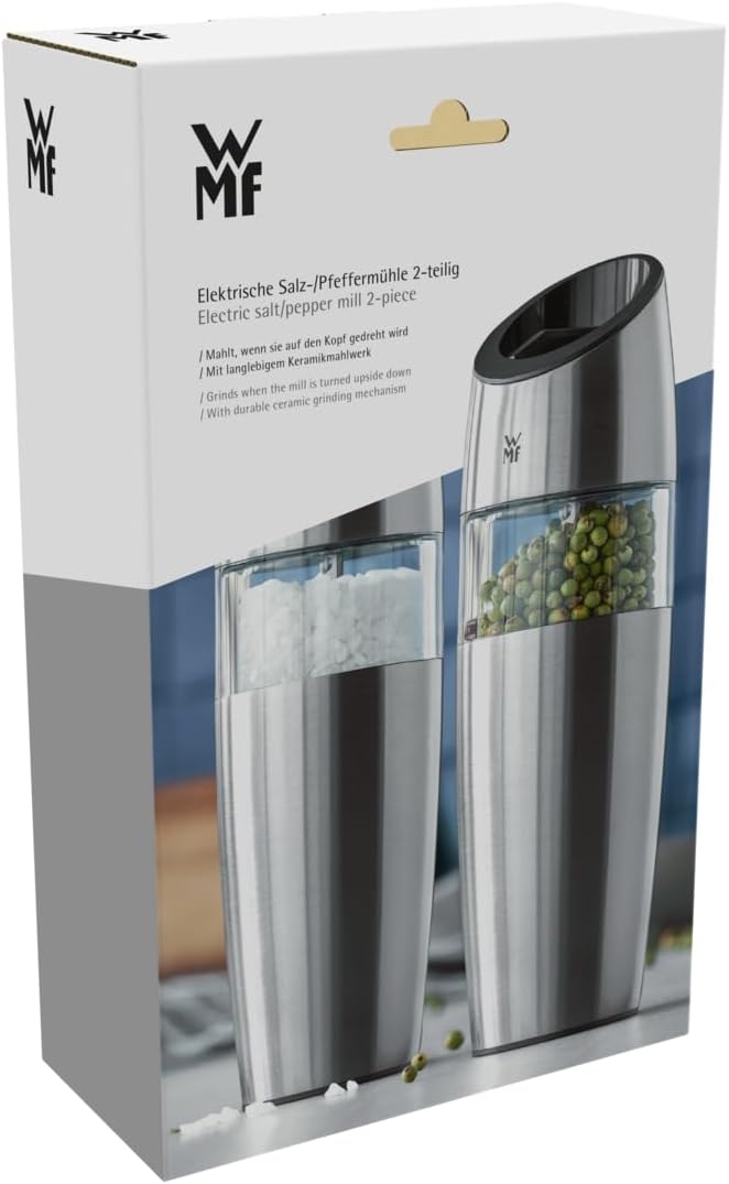 WMF Elektrische Kippmühle Set 2-teilig, 20 cm, Salz und Pfeffermühle elektrisch, unbefüllt Cromargan