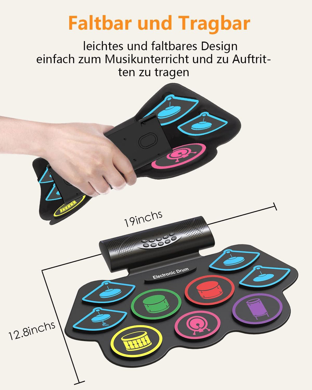 OYAYO Schlagzeug Elektronisch, 9 Pads Faltbares elektronisches schlagzeug mit Drumsticks, Tragrbares