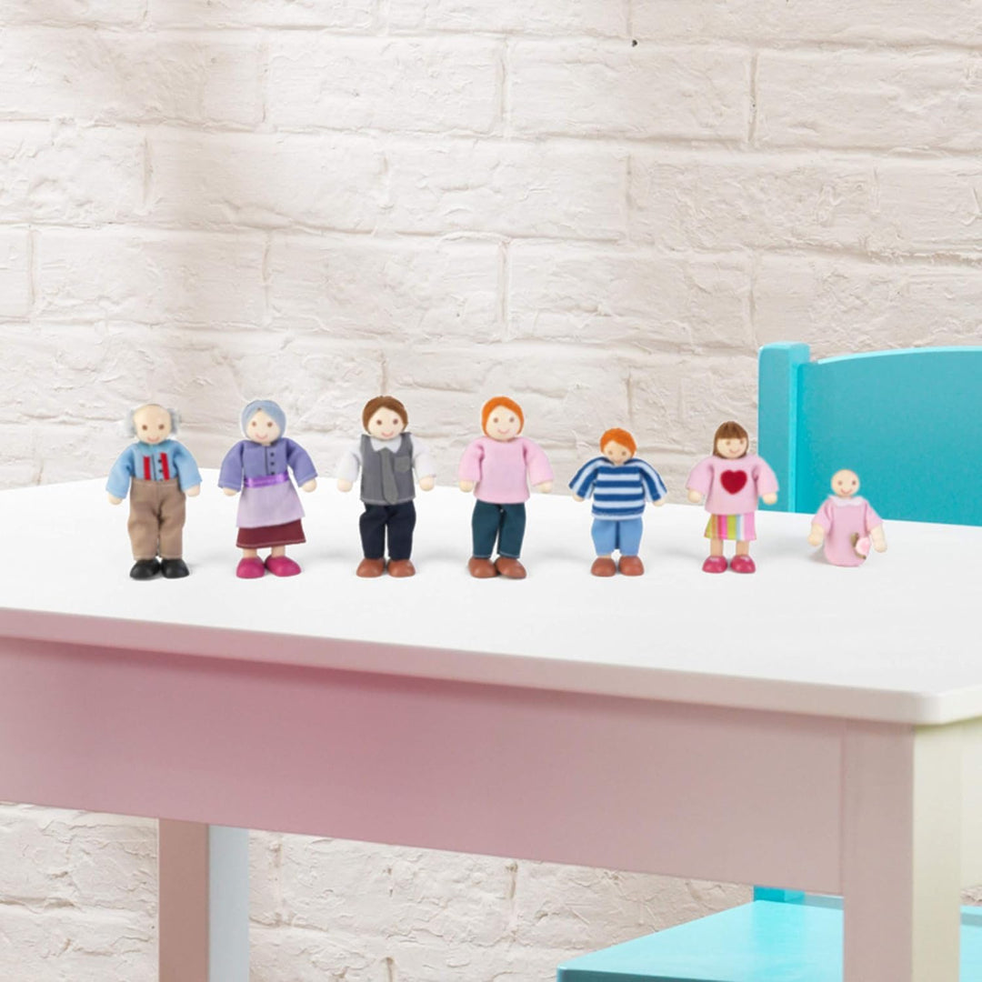 KidKraft 7-köpfige Puppenfamilien aus Holz, Mini Puppe, Zubehör für Puppenhaus, Spielzeug für Kinder