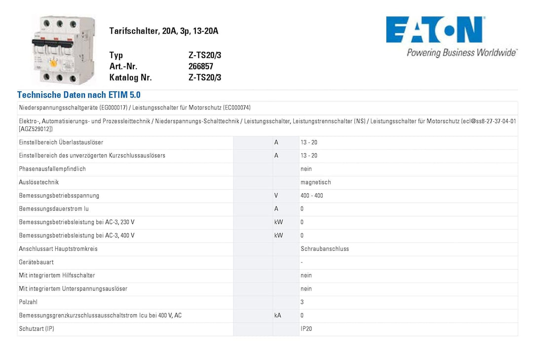 Eaton Z-TS20/3 Tarifschalter 20 A 3-polig 13-20 A Leistungsschalter Motorschutz 266857