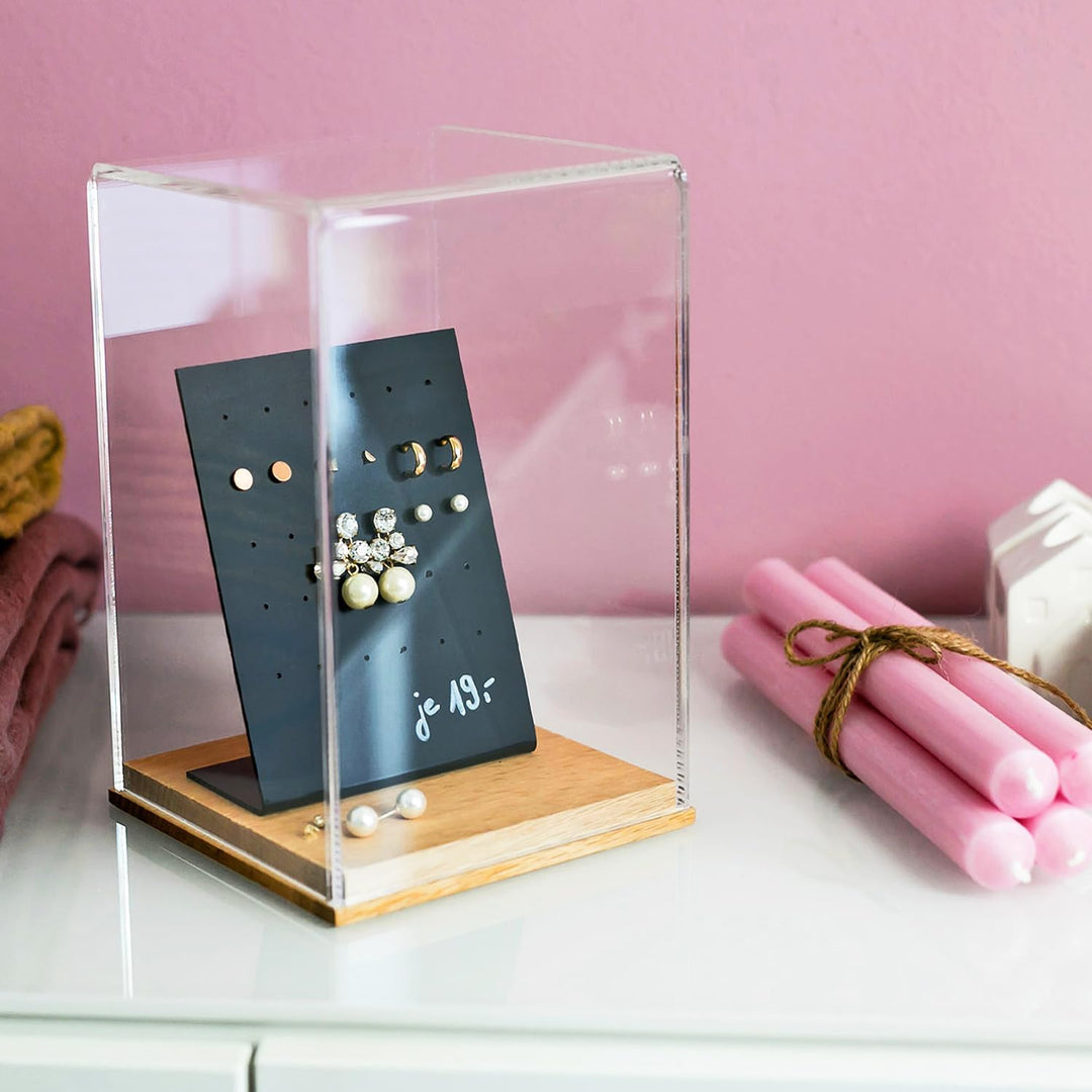 HMF 46881 Acryl Vitrine / Schaukasten mit Holzsockel für Figuren | 14 x 14 x 22 cm | Transparent 22