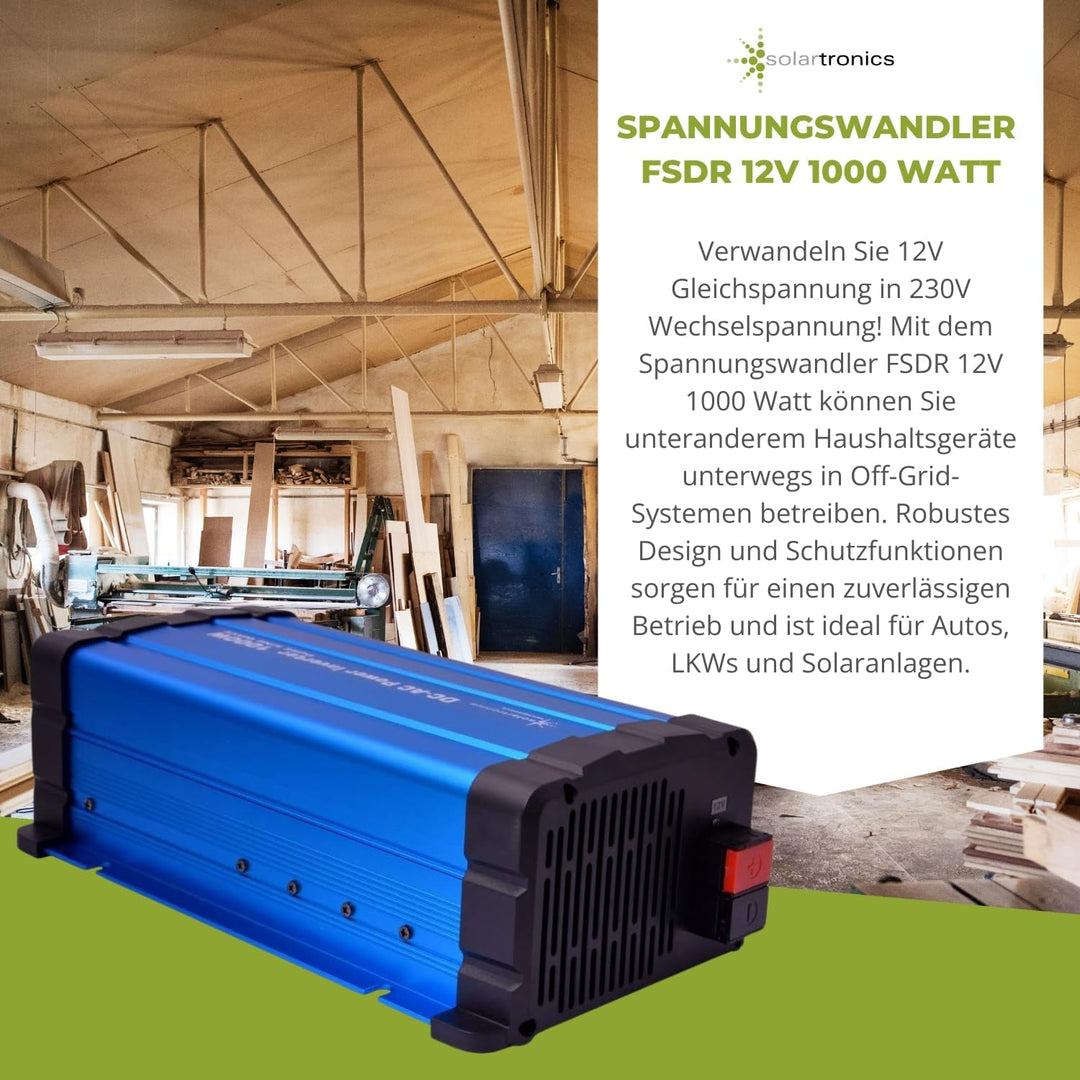 solartronics Spannungswandler FS1000DR 12V 1000 Watt Reiner Sinus BLAU Inverter Wechselrichter