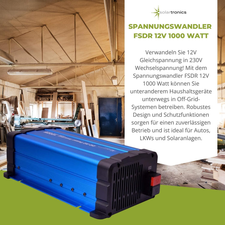 solartronics Spannungswandler FS1000DR 12V 1000 Watt Reiner Sinus BLAU Inverter Wechselrichter
