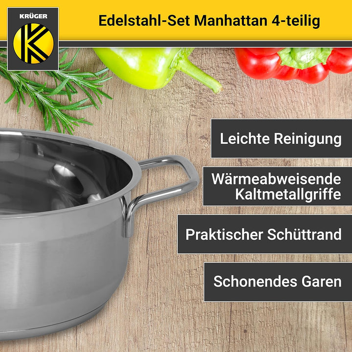 Krüger Edelstahl Kochtopf-Set Manhattan 4-teilig - Topfset aus 3 Kochtöpfen und einer Stielkasseroll