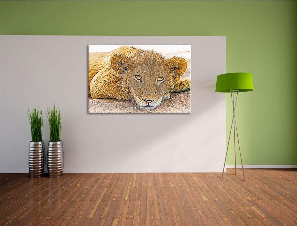 wachsamer junger Löwe Deluxe Format: 100x70 cm auf Leinwand, XXL riesige Bilder fertig gerahmt mit K