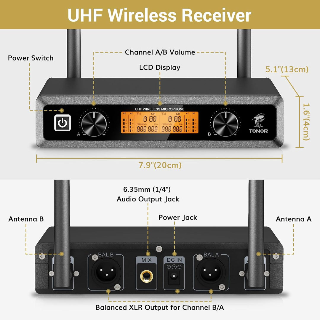 TONOR Duales UHF Mikrofon Kabellos Set mit 2 Bodypack Transmitter/Headset/Lavalier Wireless Micropho
