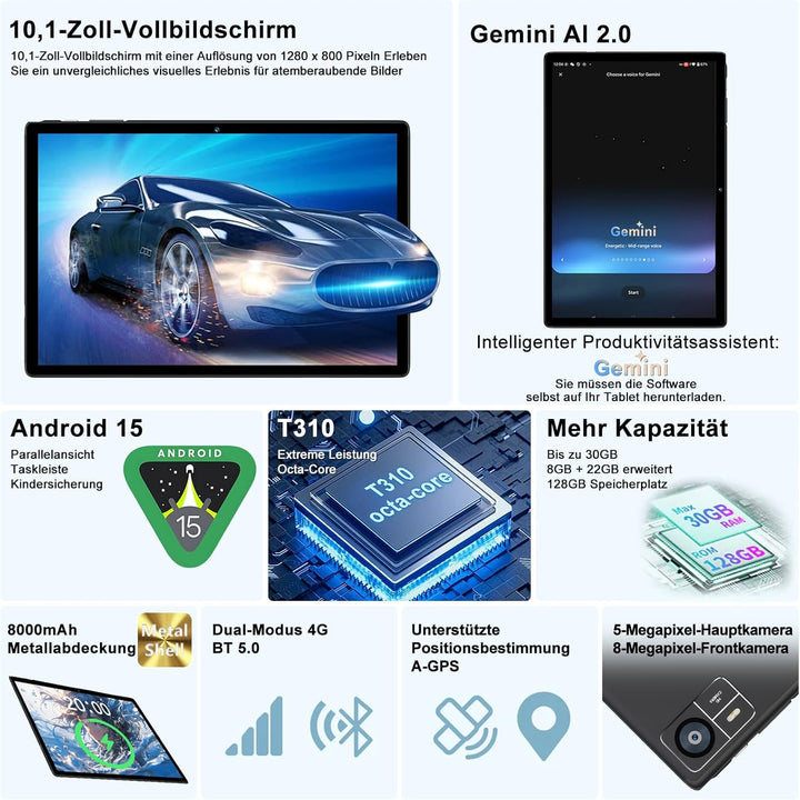 2026 Neuestes Android 15 Tablet 【30 GB RAM + 128 GB ROM+2TB】【Gemini AI】 10.1 Zoll, Widevine L1, Octa