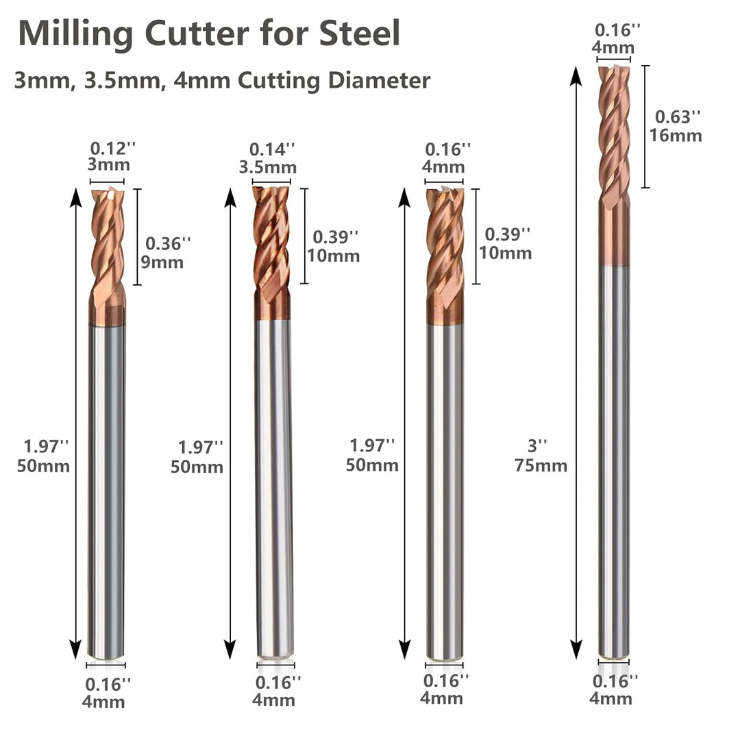 8 Stücke Fräser Schaftfräser Hartmetall 4-Flöte, 1-4mm CED TiSiN Coat Spiralfräser Bit VHM CNC Bohra