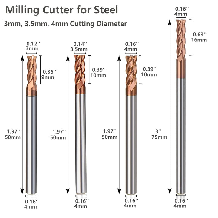 8 Stücke Fräser Schaftfräser Hartmetall 4-Flöte, 1-4mm CED TiSiN Coat Spiralfräser Bit VHM CNC Bohra