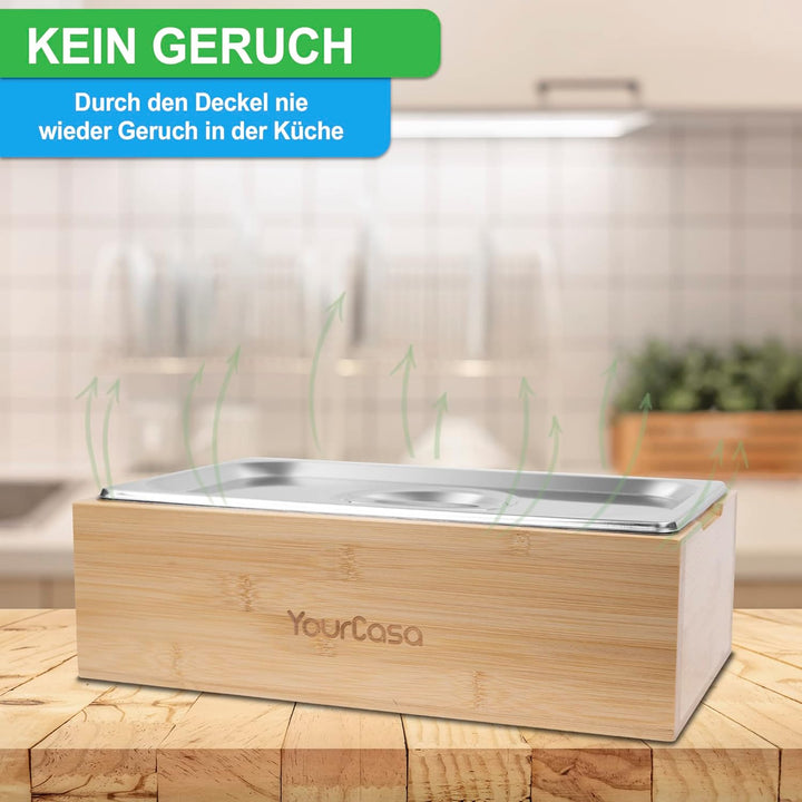 YourCasa® Biomülleimer Küche - Bambus Holz & Edelstahl - für alltäglichen Bio Müll - Spülmaschinenfe