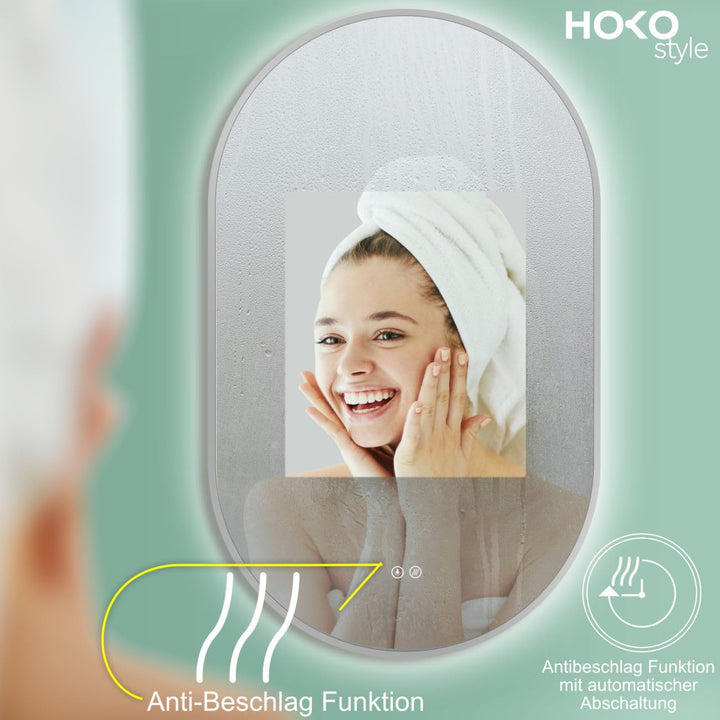HOKO Design LED Anti-Fog Spiegel oval 60x100 cm / 100x60 cm Savona+ Metall Rahmen Weiss. HOCH+QUER M