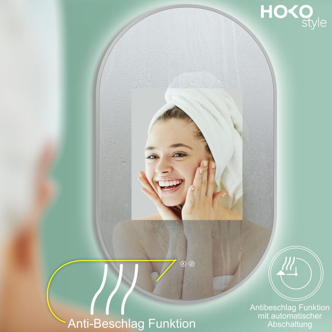 HOKO Design Antibeschlag Badspiegel LED beleuchtet,oval 50x90 cm / 90x50 cm Vittoria mit Metall Rahm
