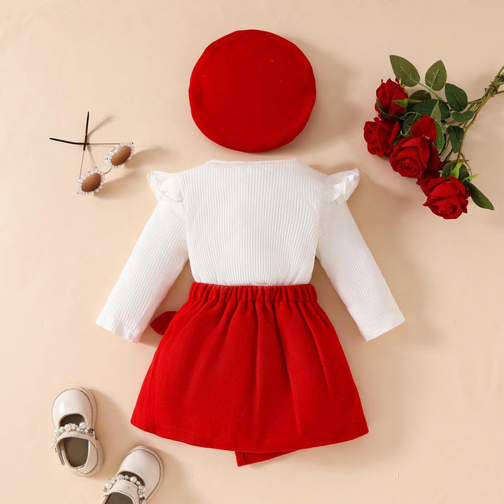Kleinkind Baby Mädchen Outfits Rüschenärmel Gestrickt Bowknot Shirt + Elegant Mini Rock+ Baskenmütze