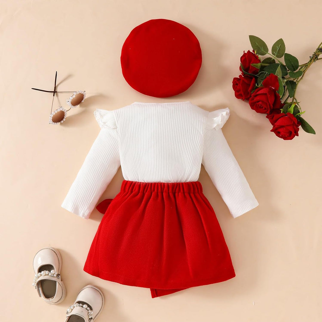 Kleinkind Baby Mädchen Outfits Rüschenärmel Gestrickt Bowknot Shirt + Elegant Mini Rock+ Baskenmütze