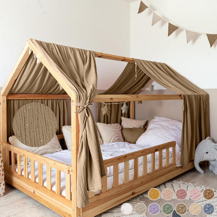 Hausbett Himmel mit Gold Applikation [in 12 Farben] Betthimmel Hausbett aus 100% Baumwolle Musselin