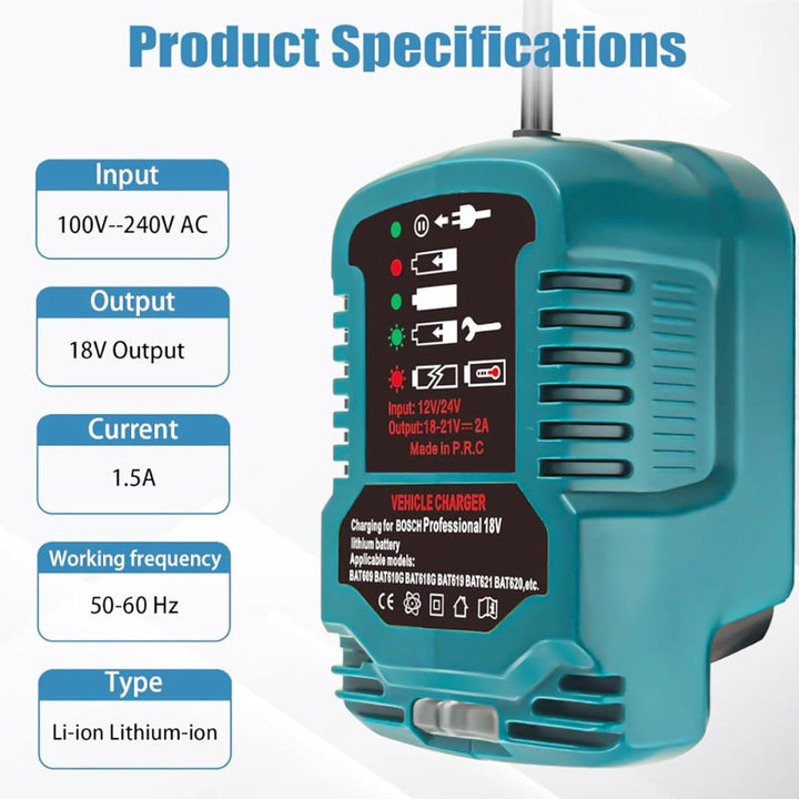 TPDL Auto Ladegerät für Bosch Professional 18 Volt System Akku mit LED Anzeige, Car Ladegerät Ersatz
