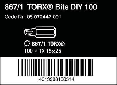 Wera 05072447001 867/1 Z TORX® DIY Bits, TX 15 x 25 mm, 100-teilig, TX 15 x 25