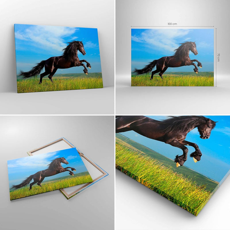 Bilder auf Leinwand 100x70cm Leinwandbild Schwarzes Pferd Pferd Galopp Gross Wanddeko Bild Schlafzim