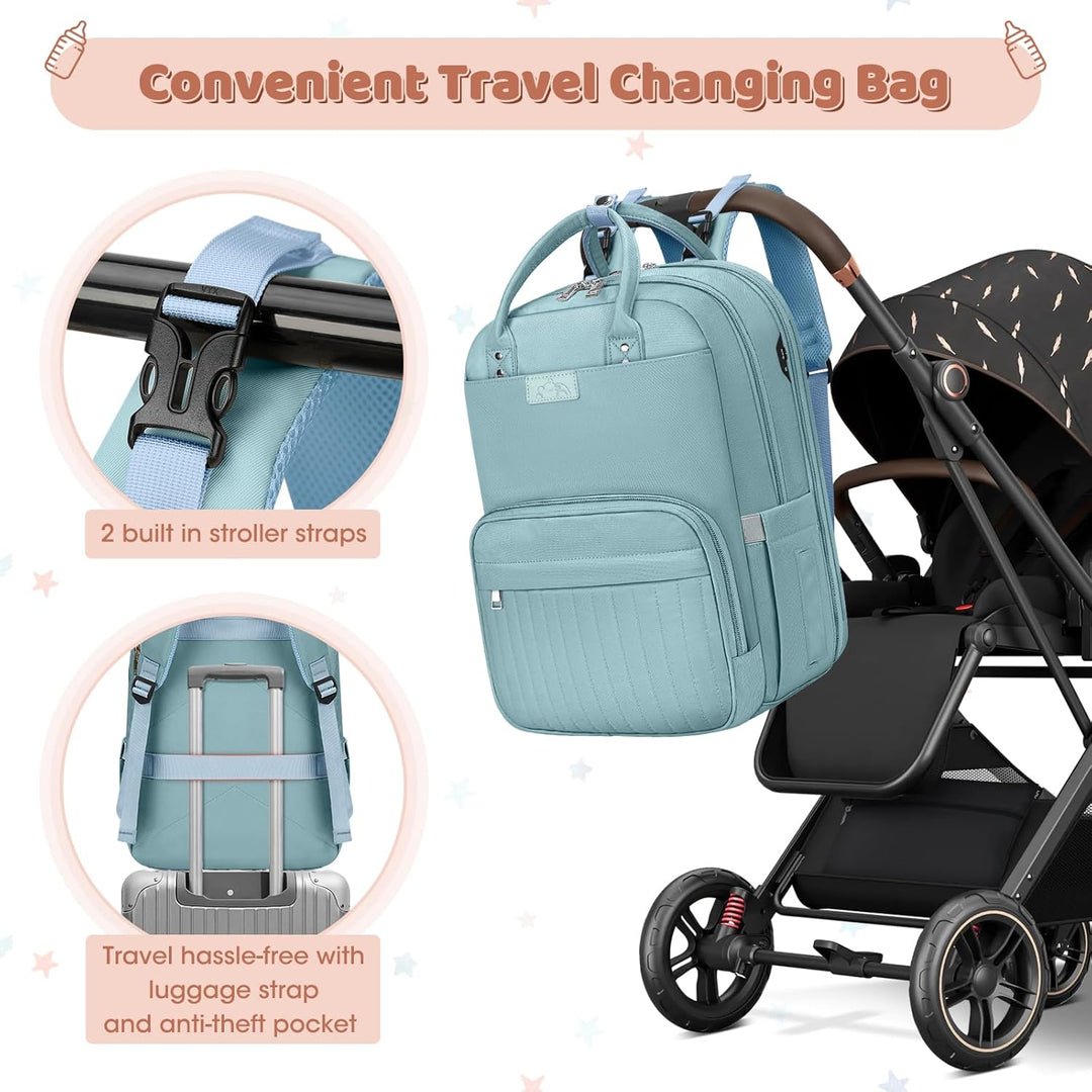 RAINSMORE Baby Wickelrucksack Gross Wickeltasche Rucksack mit Kinderwagengurten und Wickelunterlage