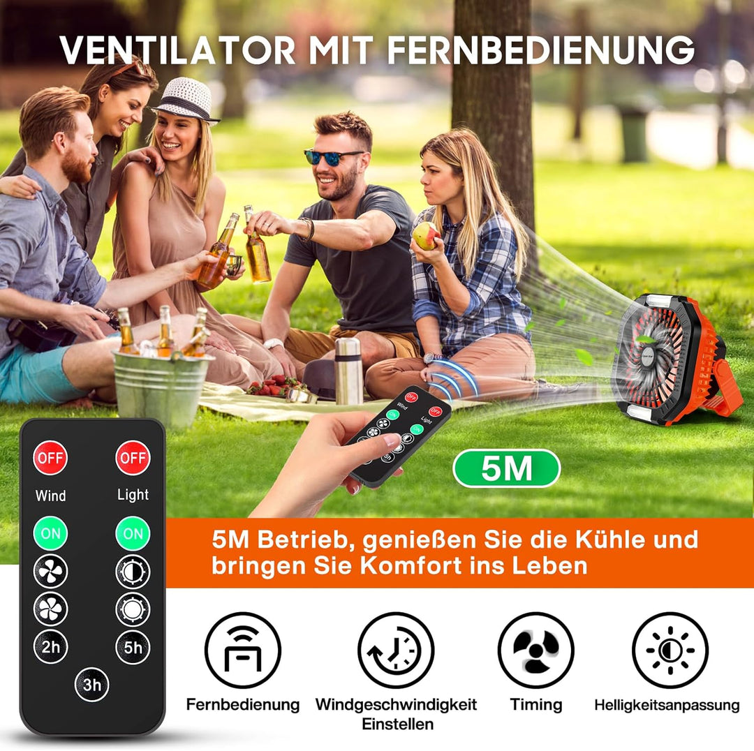 Camping Ventilator, 10000 mAh Ventilator USB-Tischventilator mit Licht, Haken und Paracord-Armband,