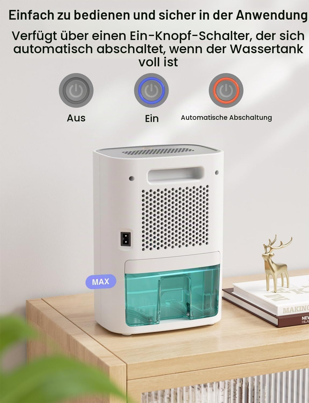 CLEVAST Elektrischer Luftentfeuchter (Weiss) | Automatische Abschaltung, Tragbares Design, Für Schla