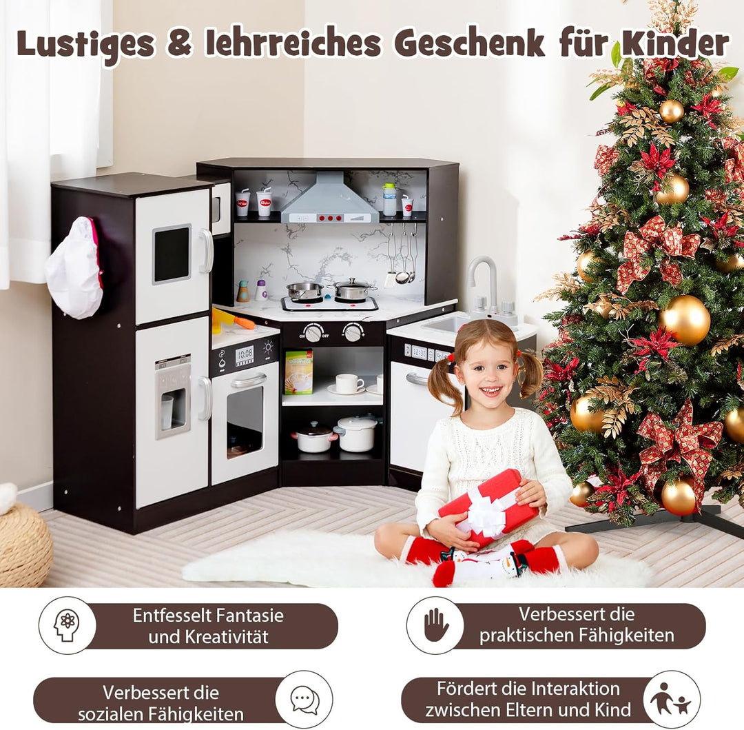 DREAMADE Kinderküche aus Holz mit 16 TLG. Spielzubehör, Kinder Küche Eckküche mit Tafel Herd Spüle B