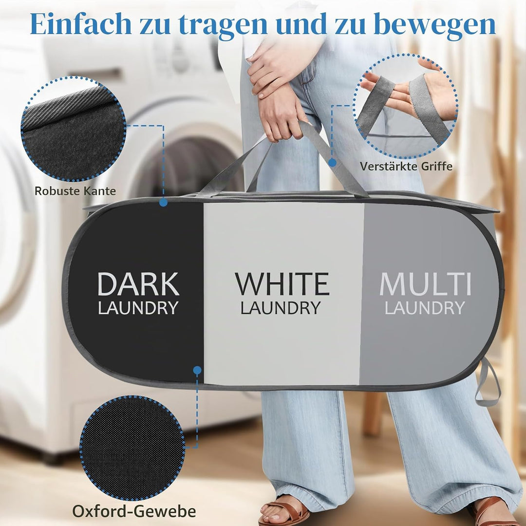 Yiomxhi Faltbar Wäschekorb mit 3 Fächer, 99L Pop Up Wäschesammler mit Henkel, Wäschetasche Gross Kla
