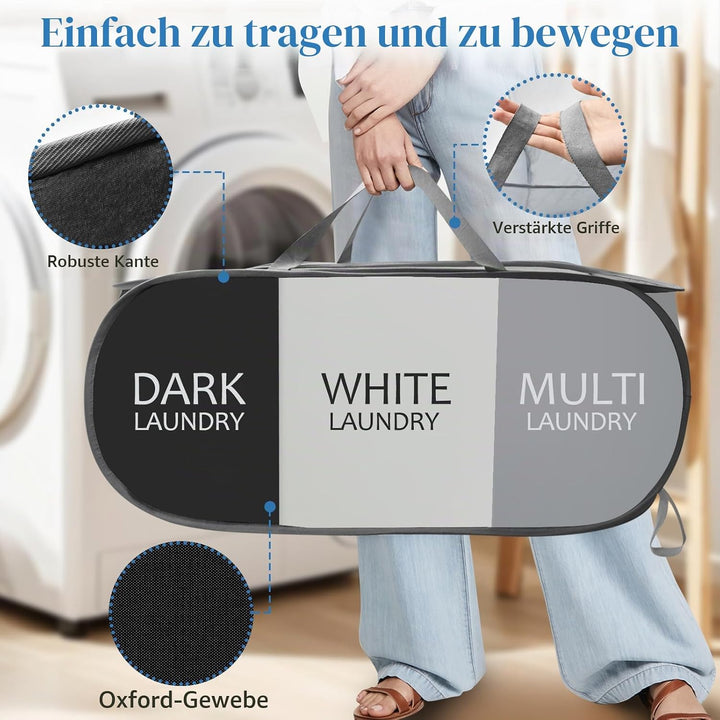 Yiomxhi Faltbar Wäschekorb mit 3 Fächer, 99L Pop Up Wäschesammler mit Henkel, Wäschetasche Gross Kla