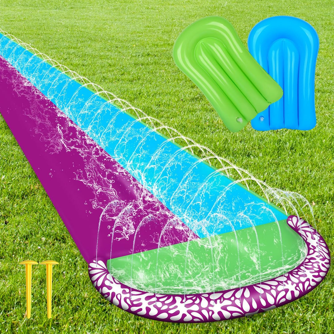 Wasserrutsche Garten für Kinder, 610x240cm Wasserrutschmatte mit 2 Bodyboards, Doppelrutsche mit Ein