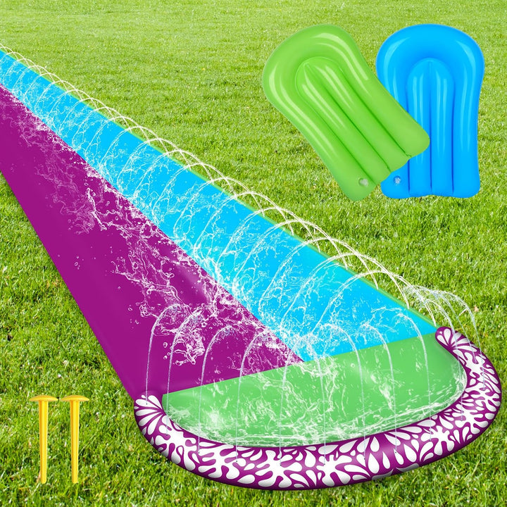 Wasserrutsche Garten für Kinder, 610x240cm Wasserrutschmatte mit 2 Bodyboards, Doppelrutsche mit Ein