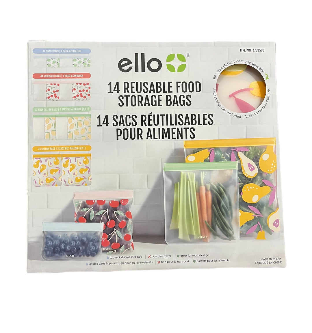 Ello 14 wiederverwendbare Produktbeutel, verschiedene Grössen (Snack, Sandwich, halbe Gallone), Reis
