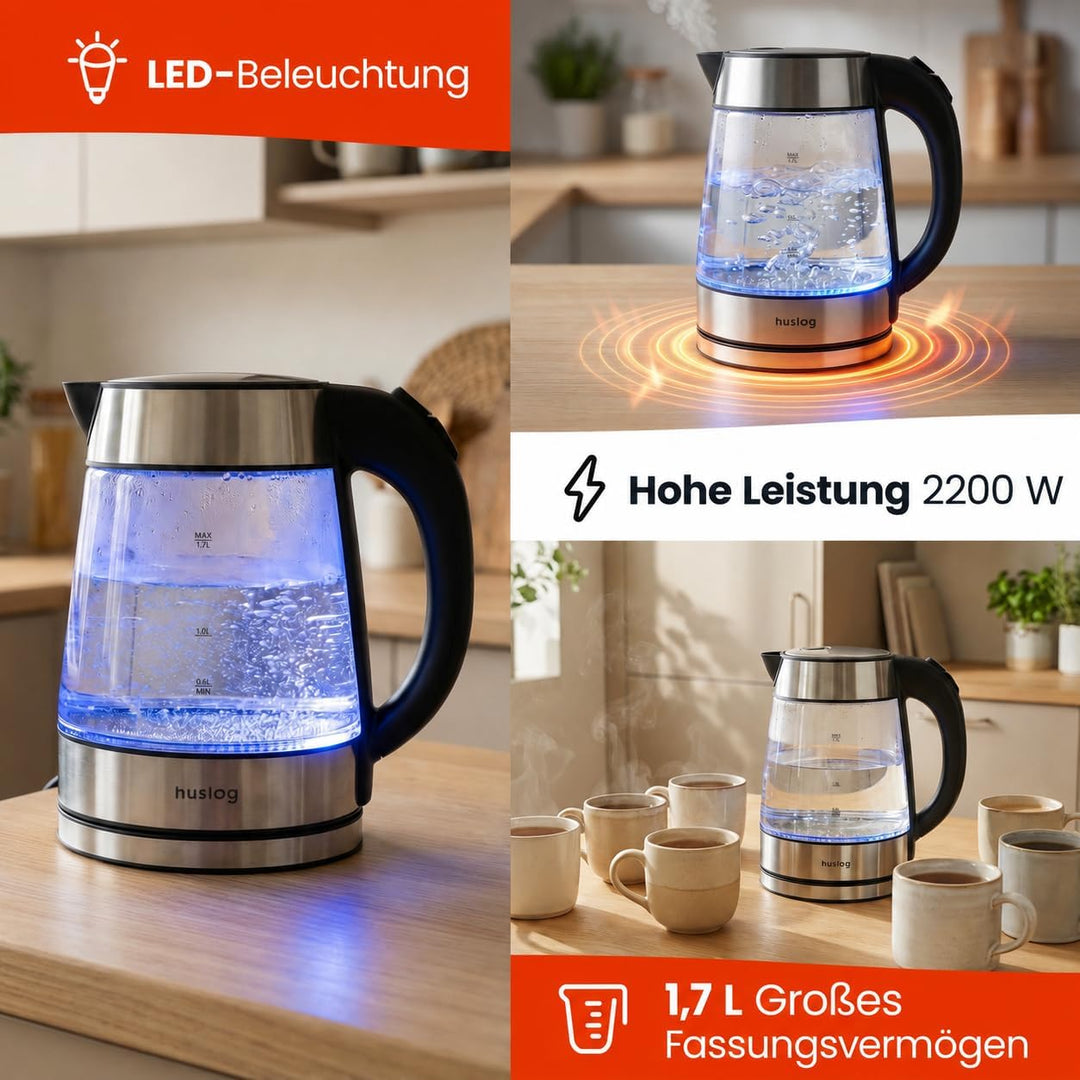 Wasserkocher Glas 1,7 Liter, 2200 Watt, LED-Beleuchtung, 100% BPA Frei, Verdicktes Glas Wasserkocher