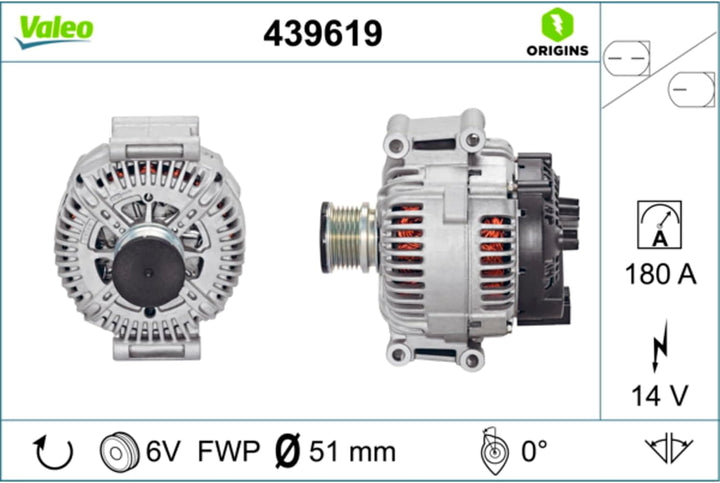 VALEO 439619 Generator Ladestrom des Generators: 180 Amp Rippen: 6 rippen Riemenscheibe Ø: 51 mm Spa